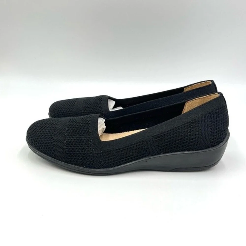 NEW LifeStride Womens‎ Size 6.5 Immy Black Knit Slip On Low Wedges Loafers Shoes